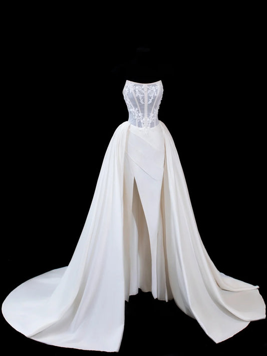 Timeless Women's Sheath Strapless Sleeveless White Satin With Slit Fitted Corset Appliques Long Vintage 1920s Wedding Dresses AS588