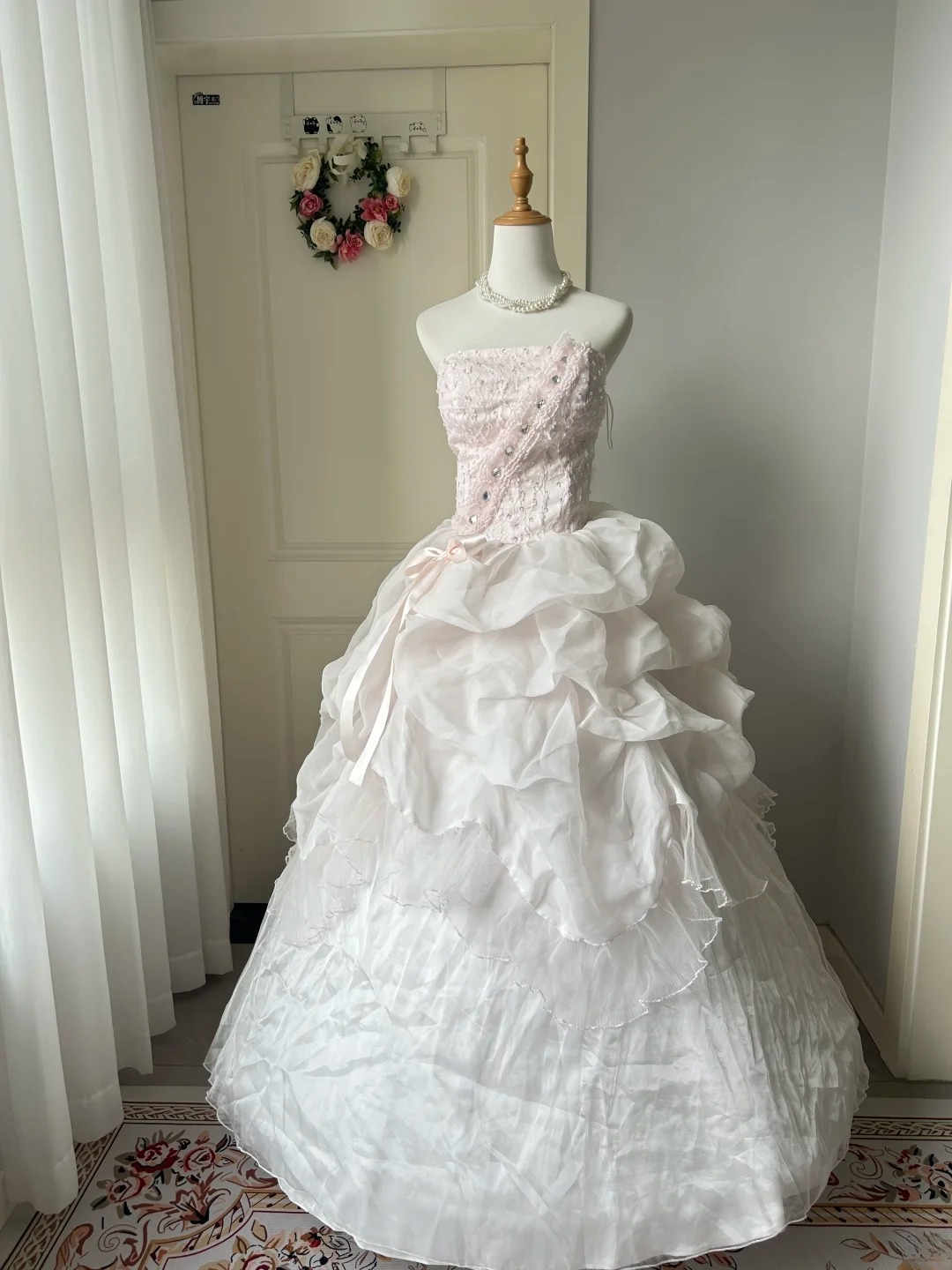 Sweet 16 Quinceanera Dress Ball Gown Strapless Pink With Tiered Layers Lace 16th Birthday Party Outfits RC0946