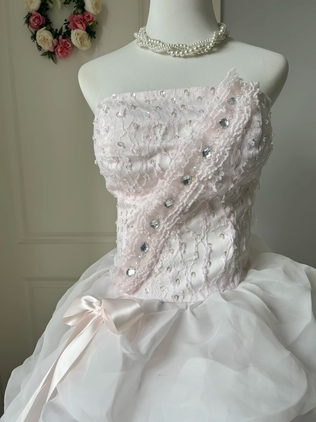 Sweet 16 Quinceanera Dress Ball Gown Strapless Pink With Tiered Layers Lace 16th Birthday Party Outfits RC0946