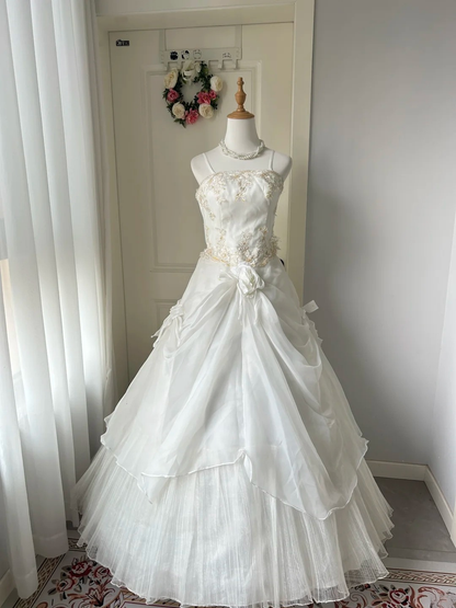 Sweet 16 Quinceanera Dress Ball Gown Spaghetti Straps White With Tiered Lace 16th Birthday Party Outfit RC0948