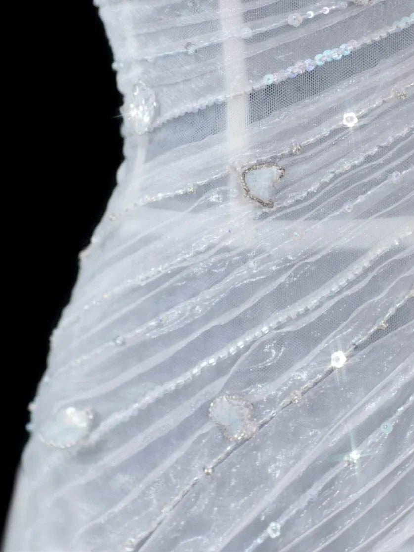 Timeless Women's A line Sweetheart Sleeveless White Tulle With Beads Fitted Long Vintage 1920s Wedding Dresses AS596