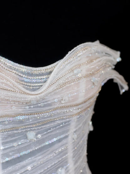 Timeless Women's A line Sweetheart Sleeveless White Tulle With Beads Fitted Long Vintage 1920s Wedding Dresses AS596