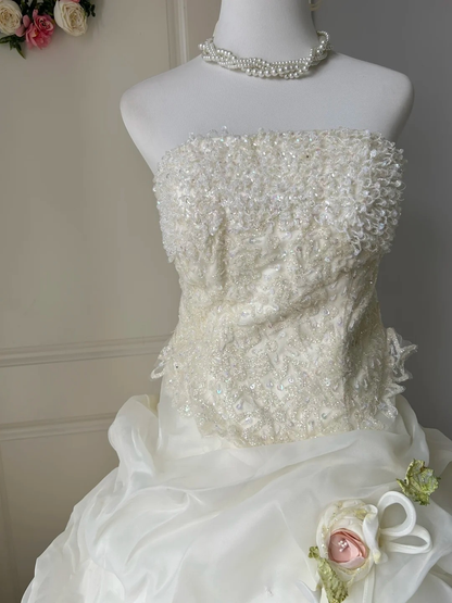 Wedding Dress Fairytale Ball Gown Strapless Tulle White With Lace Tiered Floor Length Bridal Gown RC0951
