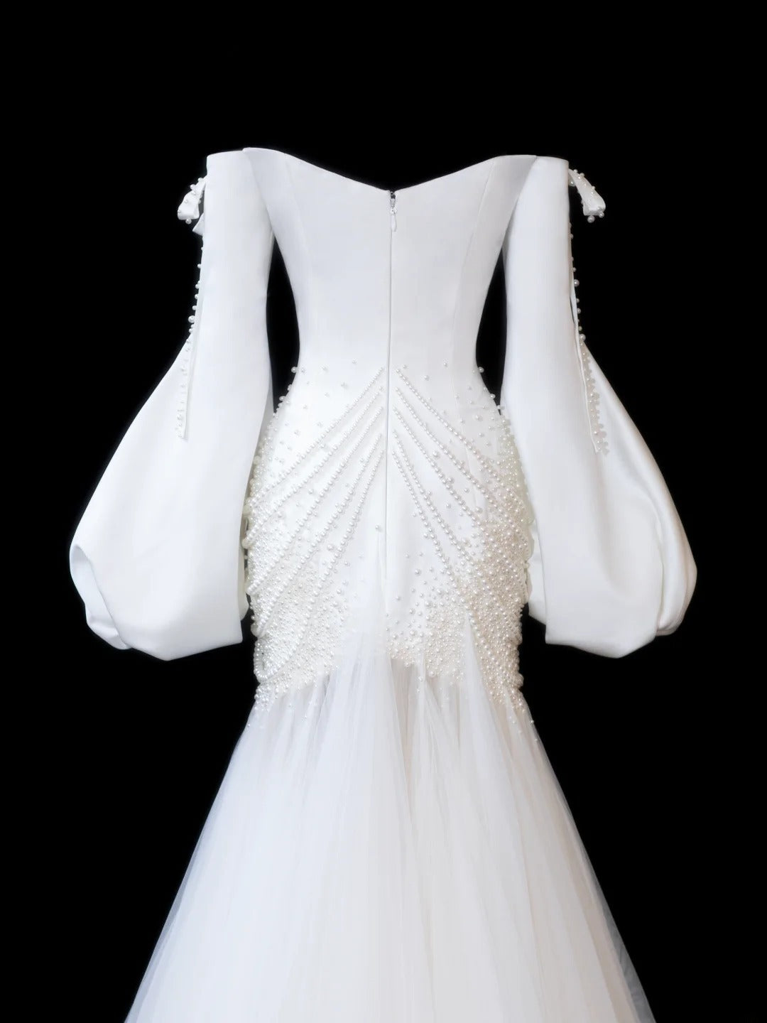 Timeless Women's Mermaid Off The Shoulder Long Sleeves White Satin With Beads Fitted Long Vintage 1920s Wedding Dresses AS597