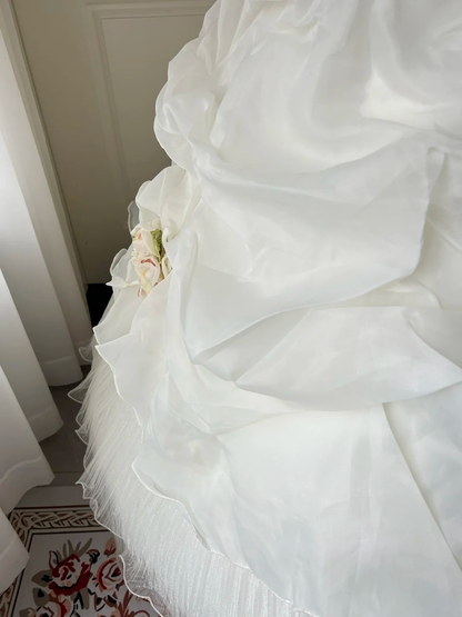 Wedding Dress Fairytale Ball Gown Strapless Tulle White With Lace Tiered Floor Length Bridal Gown RC0951