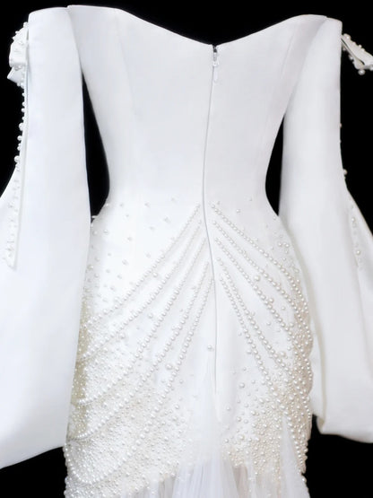 Timeless Women's Mermaid Off The Shoulder Long Sleeves White Satin With Beads Fitted Long Vintage 1920s Wedding Dresses AS597