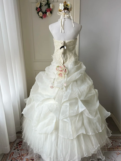 Wedding Dress Fairytale Ball Gown Strapless Tulle White With Lace Tiered Floor Length Bridal Gown RC0951