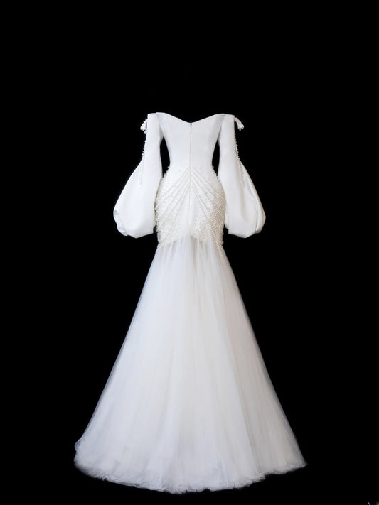 Timeless Women's Mermaid Off The Shoulder Long Sleeves White Satin With Beads Fitted Long Vintage 1920s Wedding Dresses AS597