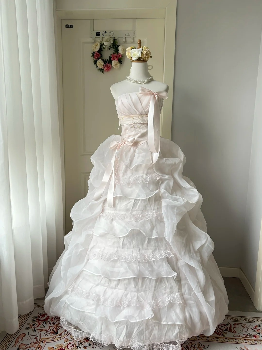 Sweet 16 Quinceanera Dress Ball Gown Strapless Light Pink With Tiered Lace 16th Birthday Party Outfit RC0952