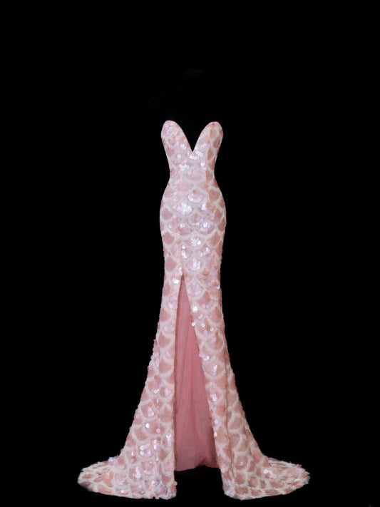 Elegant Mermaid Sweetheart Pink Sequins With Slit Long Formal Fancy Evening Dresses Dinner Outfits Classy Party Gowns AS601