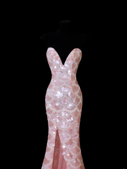 Elegant Mermaid Sweetheart Pink Sequins With Slit Long Formal Fancy Evening Dresses Dinner Outfits Classy Party Gowns AS601
