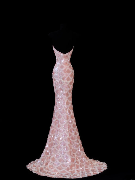 Elegant Mermaid Sweetheart Pink Sequins With Slit Long Formal Fancy Evening Dresses Dinner Outfits Classy Party Gowns AS601