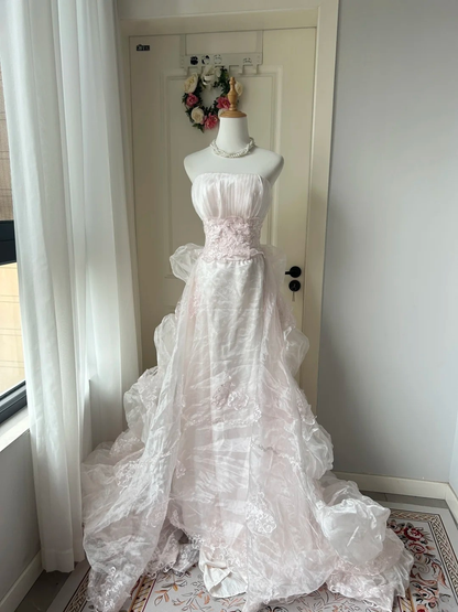 Prom Dresses ideas Modest Strapless Ball Gown Light Pink Ruffled Tiered Lace Formal Party Gown 8th Grade Dress RC0955