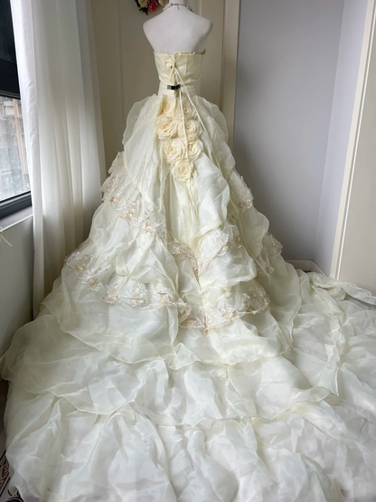 Wedding Dress Fairytale Ball Gown Sweetheart Light Daffodil With Lace Tiered Floor Length Bridal Gown RC0958