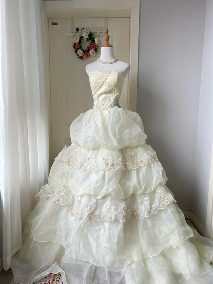 Wedding Dress Fairytale Ball Gown Sweetheart Light Daffodil With Lace Tiered Floor Length Bridal Gown RC0958