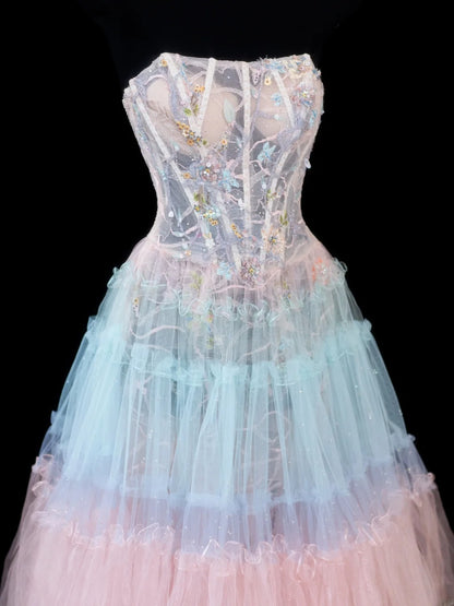 Elegant Ball Gown Strapless Multi Colors Tulle Lace Tops Formal Fancy Evening Dresses Dinner Outfits Classy Party Gowns AS606