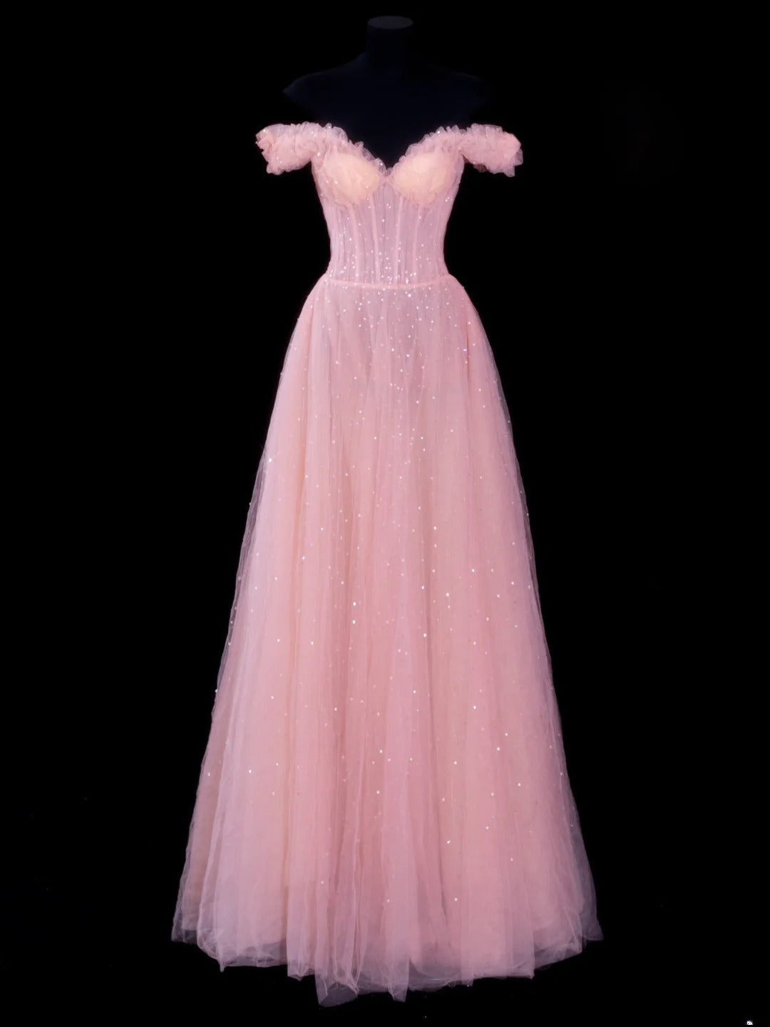 Elegant A line Off The Shoulder Pink Tulle Long Formal Fancy Evening Dresses Dinner Outfits Classy Party Gowns AS607
