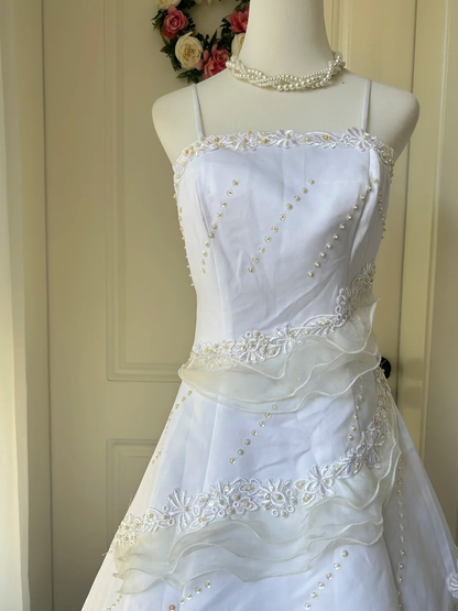 Wedding Dress Fairytale Ball Gown Spaghetti Straps White With Lace Satin Floor Length Bridal Gown RC0960