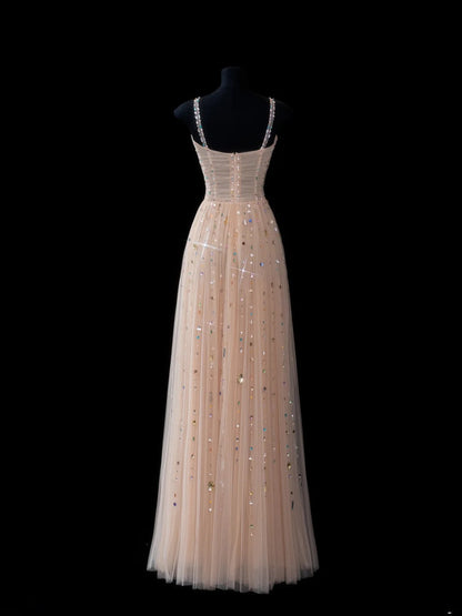 Elegant A line Spaghetti Straps Champagne Tulle Long Formal Fancy Evening Dresses Dinner Outfits Classy Party Gowns AS609