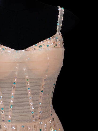 Elegant A line Spaghetti Straps Champagne Tulle Long Formal Fancy Evening Dresses Dinner Outfits Classy Party Gowns AS609