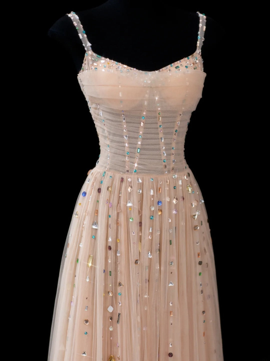 Elegant A line Spaghetti Straps Champagne Tulle Long Formal Fancy Evening Dresses Dinner Outfits Classy Party Gowns AS609
