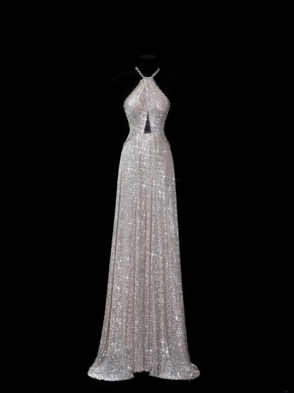 Chic A line Halter Champagne Sequin Long Prom Formal Fancy Evening Dresses Dinner Outfits Classy Party Gowns AS615