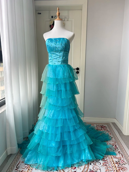 Gorgeous Evening outfit A Line Strapless Blue Tulle Prom Dresses Long Formal Dress RC1426