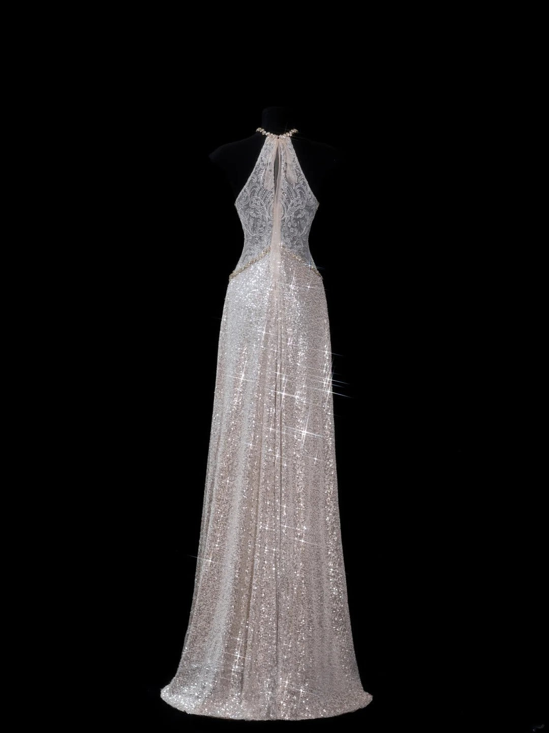 Chic A line Halter Champagne Sequin Long Prom Formal Fancy Evening Dresses Dinner Outfits Classy Party Gowns AS615