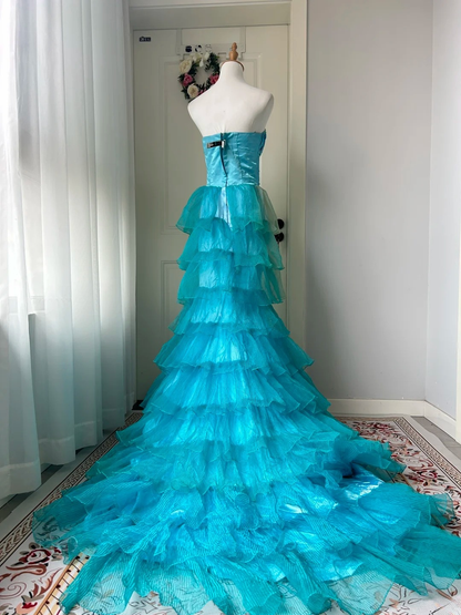 Gorgeous Evening outfit A Line Strapless Blue Tulle Prom Dresses Long Formal Dress RC1426