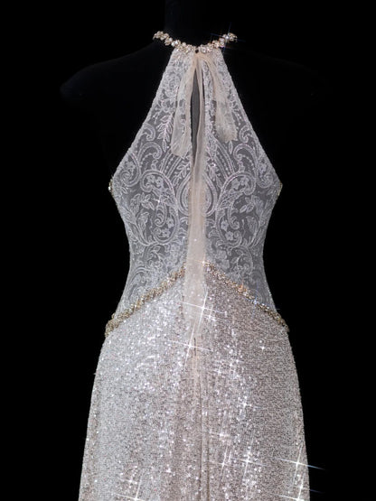 Chic A line Halter Champagne Sequin Long Prom Formal Fancy Evening Dresses Dinner Outfits Classy Party Gowns AS615