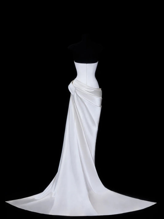 Vintage Long Wedding Gowns 1960s Dresses Simple Mermaid Strapless Style for Bride Satin With Train White Petite/Plus Size Bridal Gown AS618