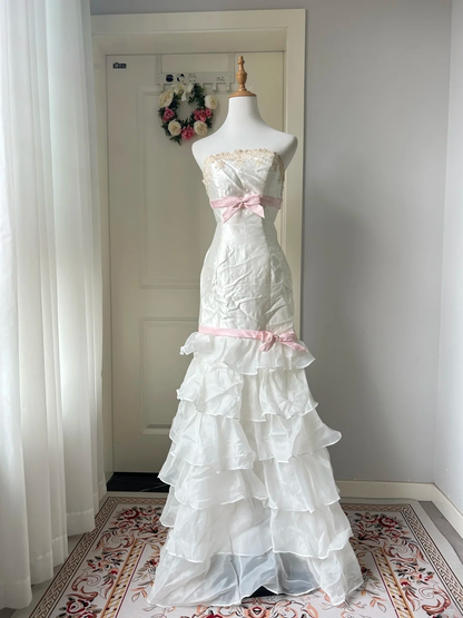 Gorgeous Evening outfit Mermaid Strapless White Organza Prom Dresses Long Formal Dress RC1428