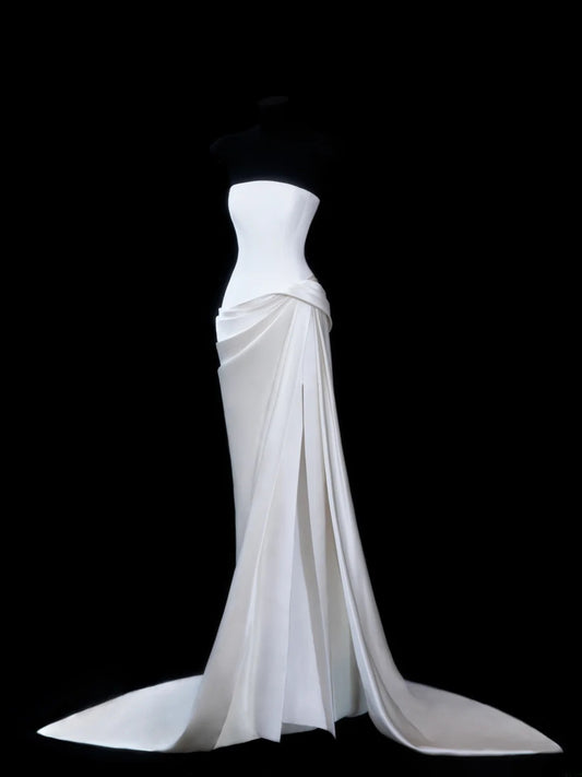 Vintage Long Wedding Gowns 1960s Dresses Simple Mermaid Strapless Style for Bride Satin With Train White Petite/Plus Size Bridal Gown AS618