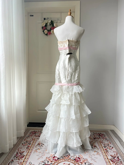 Gorgeous Evening outfit Mermaid Strapless White Organza Prom Dresses Long Formal Dress RC1428