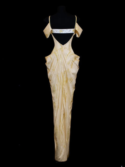Chic Sheath Spaghetti Strap Yellow Long Prom Formal Fancy Evening Dresses Dinner Outfits Classy Party Gowns AS619