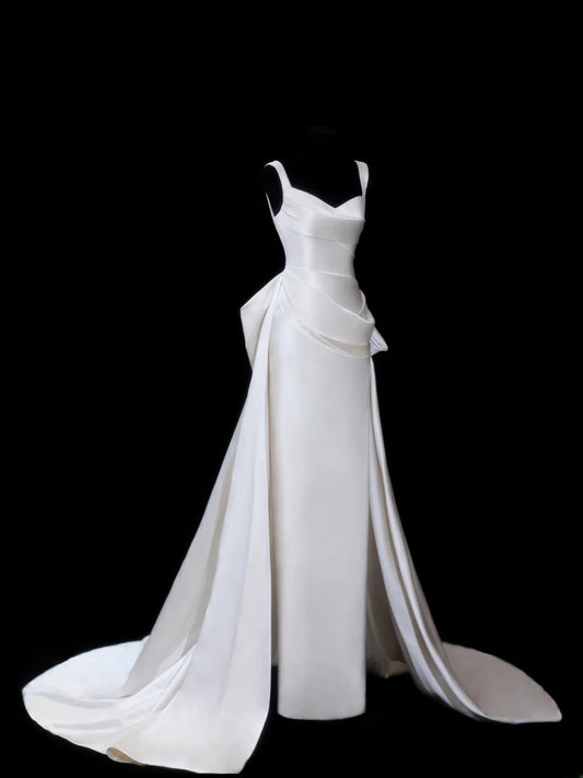 Vintage Long Wedding Gowns 1960s Dresses Simple Mermaid Sweetheart Style for Bride Satin With Pleated Train White Petite/Plus Size Bridal Gown AS620