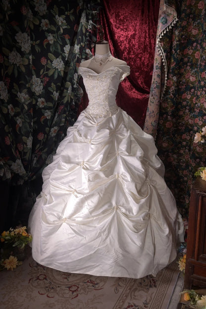 Vintage Ball Gown Off The Shoulder 1950s White Satin With Tiered Long Autumn Brides Gown Bridal Dress Wedding Dresses RB8118