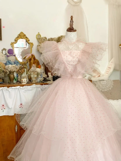 Pink Sweet 16 Dress Tulle Ballgown High Neck Polka Dots Sweet Sixteen Dress With Ruffled RB9676