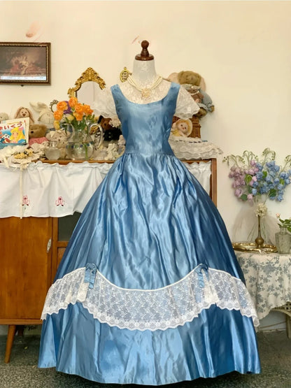 Sweet 16 Dress Satin Ballgown Square Neck Blue With Lace Sweet Sixteen Dress RB9681