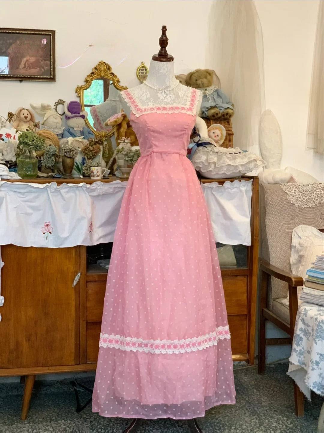 Elegant A Line Square Pink Polka Dots Long Prom Dress Floor Length Evening Party Gown RB9684