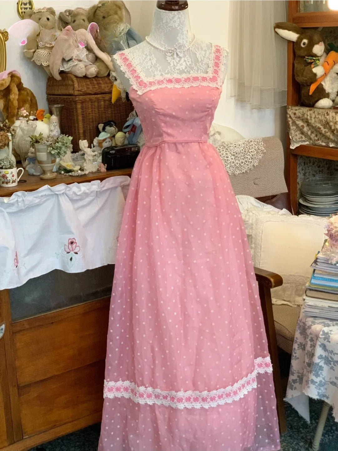 Elegant A Line Square Pink Polka Dots Long Prom Dress Floor Length Evening Party Gown RB9684
