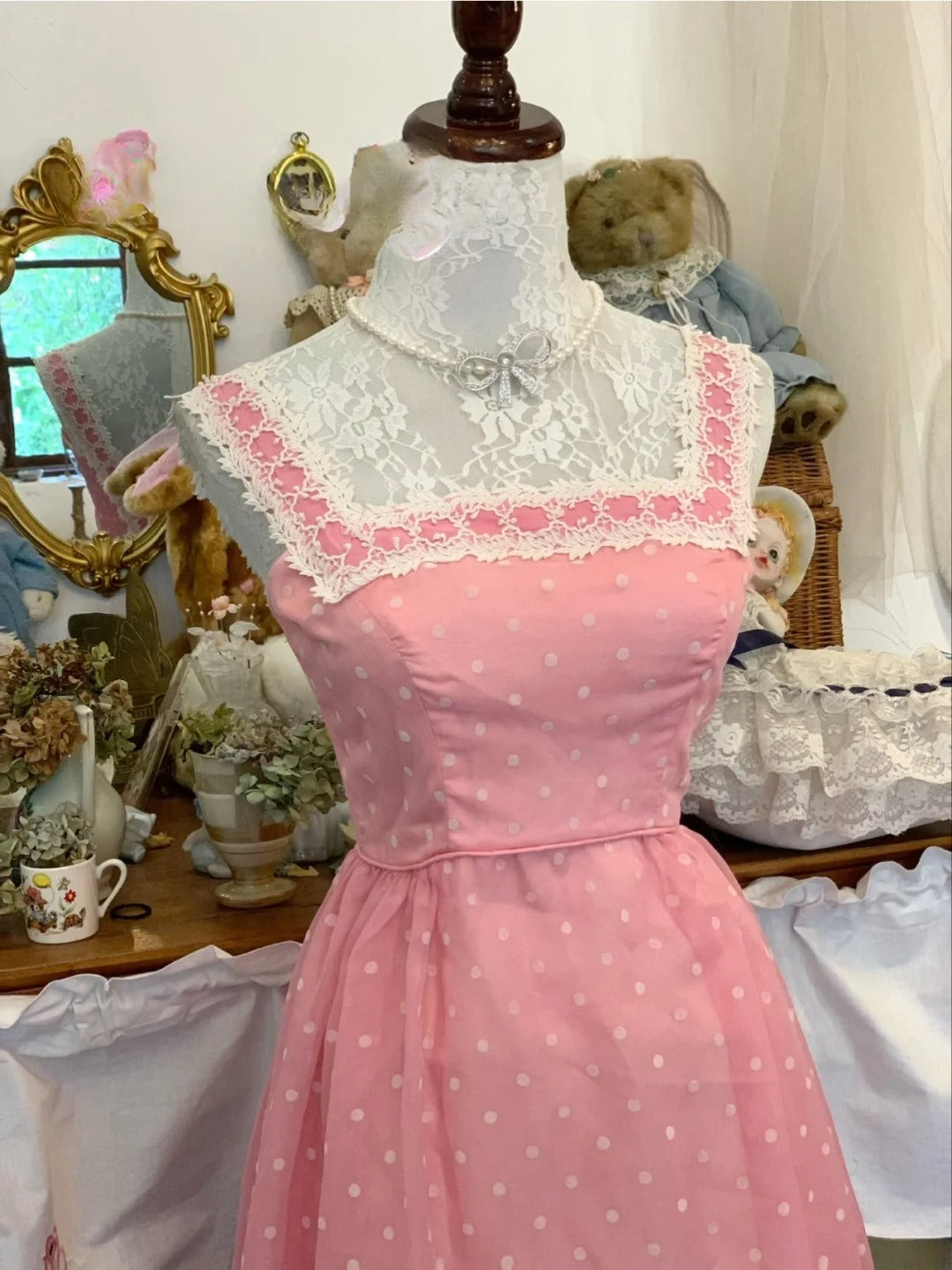 Elegant A Line Square Pink Polka Dots Long Prom Dress Floor Length Evening Party Gown RB9684