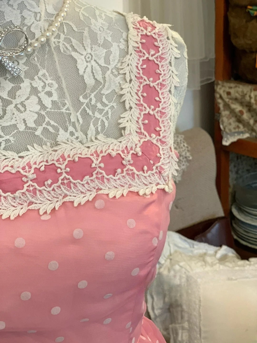 Elegant A Line Square Pink Polka Dots Long Prom Dress Floor Length Evening Party Gown RB9684