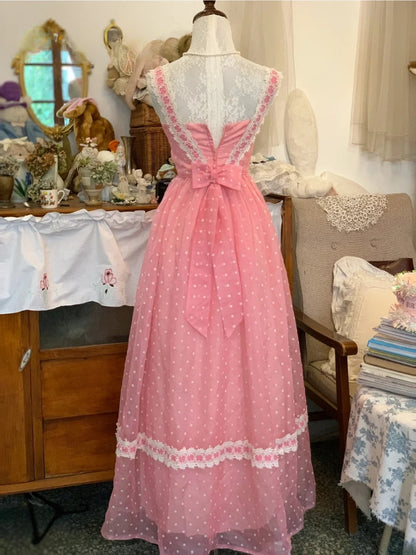 Elegant A Line Square Pink Polka Dots Long Prom Dress Floor Length Evening Party Gown RB9684