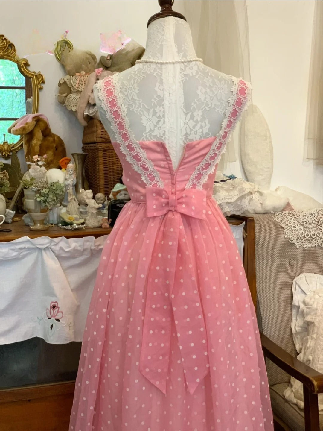 Elegant A Line Square Pink Polka Dots Long Prom Dress Floor Length Evening Party Gown RB9684