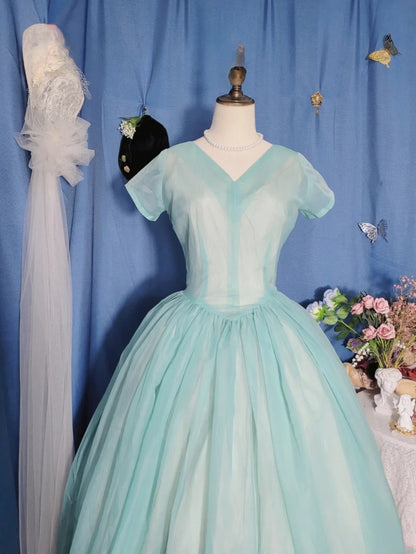 Elegant Ball Gown V Neck Prom Dress Mid Length Evening Party Gown RB9686