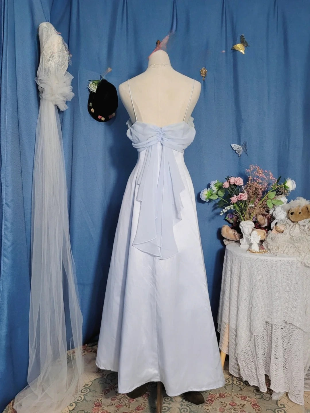 Elegant A Line Spaghetti Straps Light Sky Blue Chiffon Prom Dress Floor Length Evening Party Gown RB9688