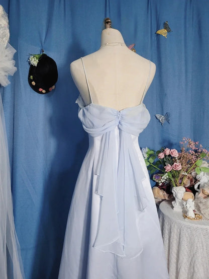 Elegant A Line Spaghetti Straps Light Sky Blue Chiffon Prom Dress Floor Length Evening Party Gown RB9688