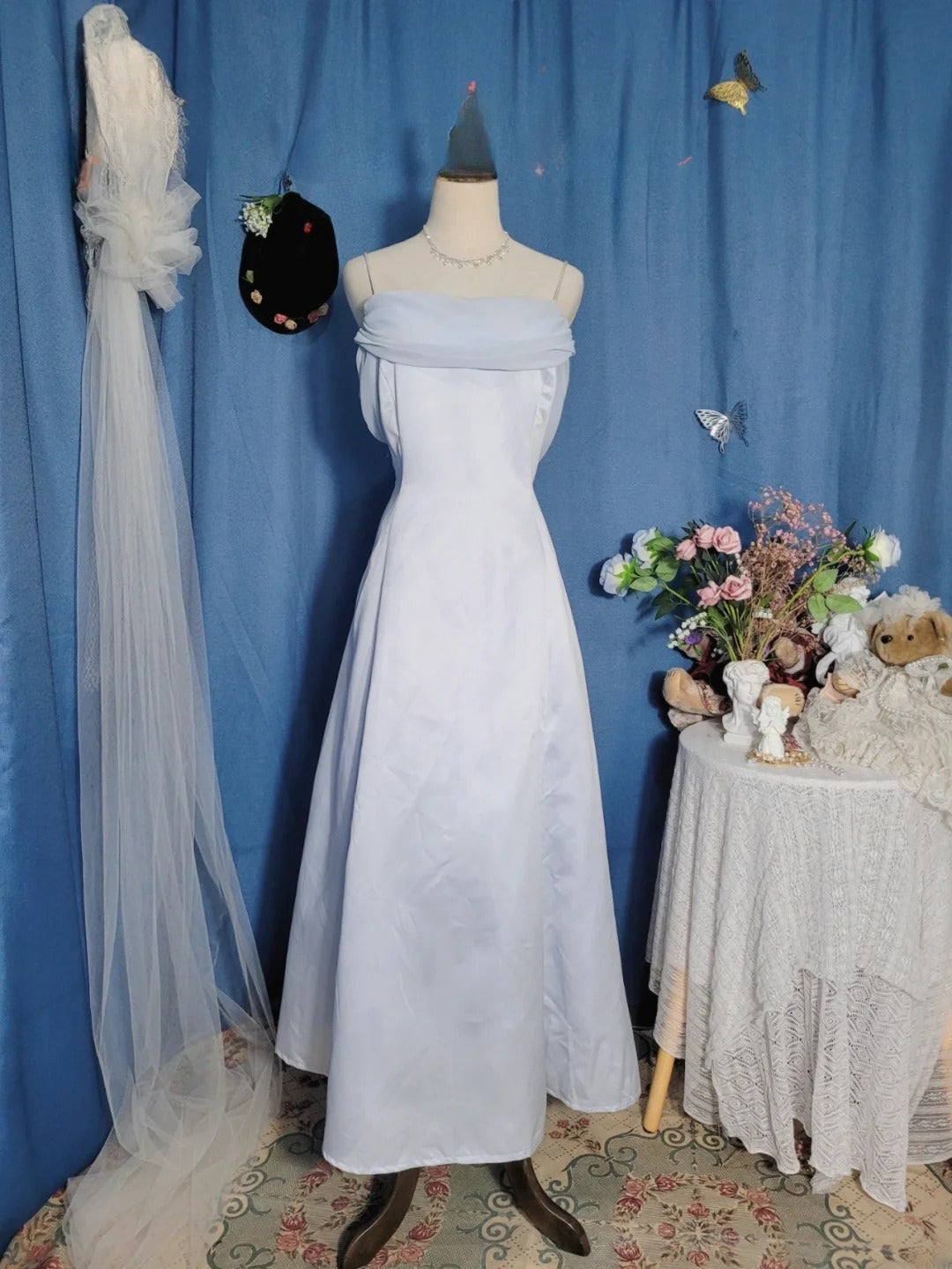Elegant A Line Spaghetti Straps Light Sky Blue Chiffon Prom Dress Floor Length Evening Party Gown RB9688