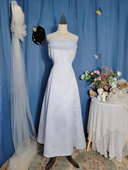 Elegant A Line Spaghetti Straps Light Sky Blue Chiffon Prom Dress Floor Length Evening Party Gown RB9688